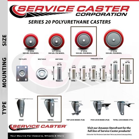 Service Caster 4 Inch Red Polyurethane Wheel Swivel 34 Inch Threaded Stem Caster Set Service Caster SCC-TS20S414-PPUB-RED-34212-4